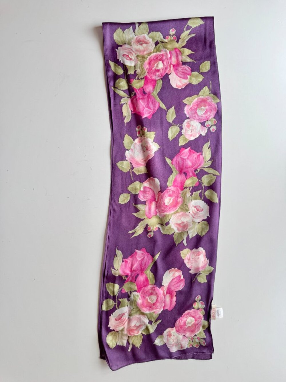 Vintage ECHO Purple Pink Floral Print Silk Charmeuse 59" x 9.5" Rectangle Scarf - Picture 7 of 9